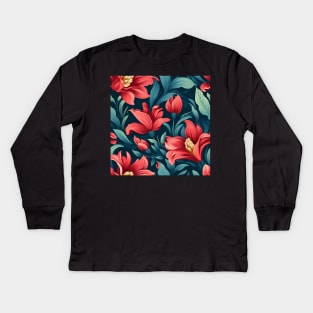 Crimson Blossoming Floral Seamless Pattern Kids Long Sleeve T-Shirt